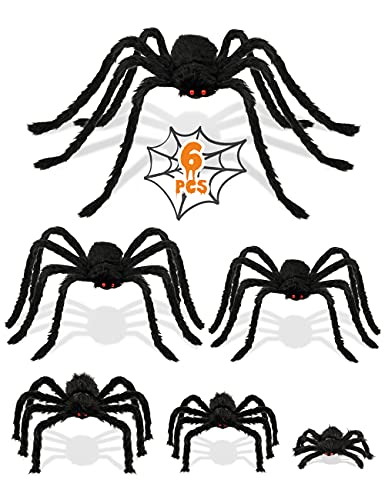 HOPOCO Halloween Plush Spider Set, 6 Pack Scary Fake Spiders in Different Sizes for Indoor Outdoor Halloween Decorations, Haunted House, Yard, Home, Party Decor