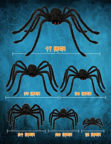 HOPOCO Halloween Plush Spider Set, 6 Pack Scary Fake Spiders in Different Sizes for Indoor Outdoor Halloween Decorations, Haunted House, Yard, Home, Party Decor