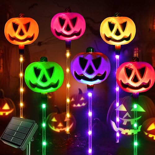 Set of 6 Solar Pumpkin Pathway Lights for Halloween Decorations Outdoor, Color Changing Outdoor Lights, Light up Jack O Lantern Pumpkins Party Porch Yard HLD578