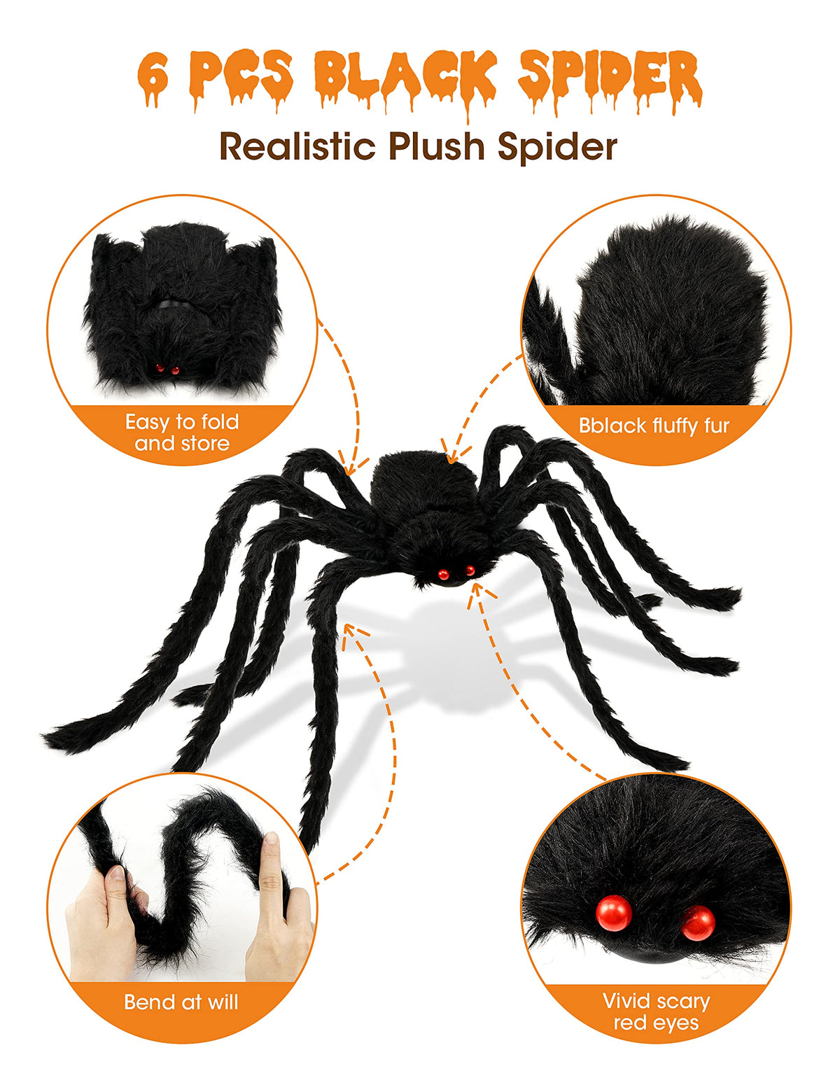 HOPOCO Halloween Plush Spider Set, 6 Pack Scary Fake Spiders in Different Sizes for Indoor Outdoor Halloween Decorations, Haunted House, Yard, Home, Party Decor