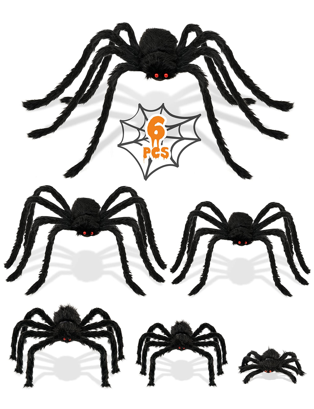 HOPOCO Halloween Plush Spider Set, 6 Pack Scary Fake Spiders in Different Sizes for Indoor Outdoor Halloween Decorations, Haunted House, Yard, Home, Party Decor