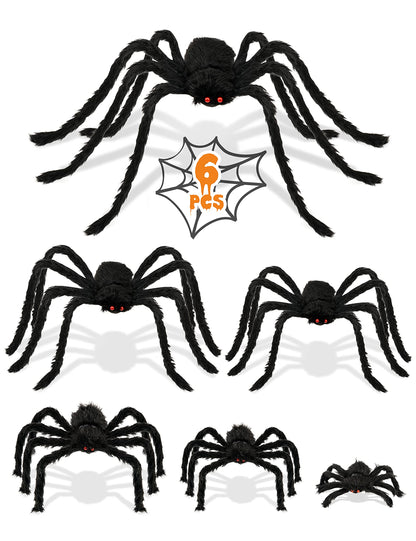 HOPOCO Halloween Plush Spider Set, 6 Pack Scary Fake Spiders in Different Sizes for Indoor Outdoor Halloween Decorations, Haunted House, Yard, Home, Party Decor