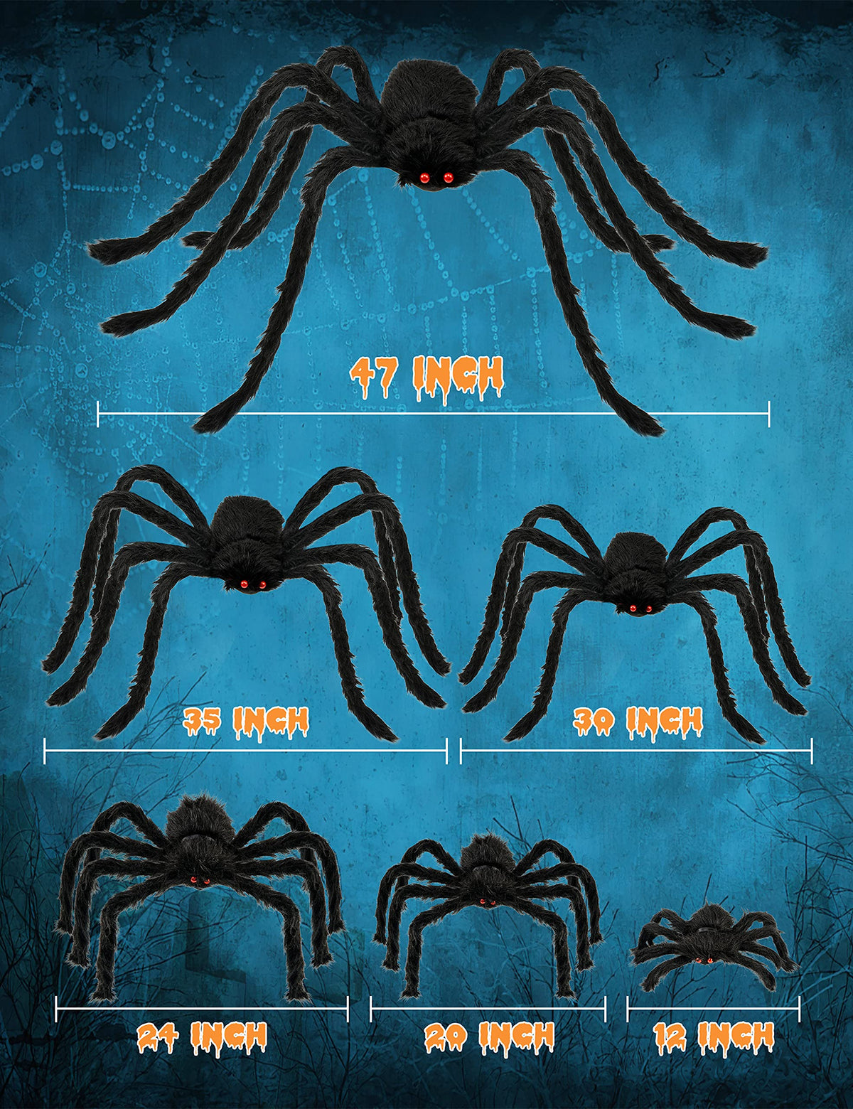 HOPOCO Halloween Plush Spider Set, 6 Pack Scary Fake Spiders in Different Sizes for Indoor Outdoor Halloween Decorations, Haunted House, Yard, Home, Party Decor
